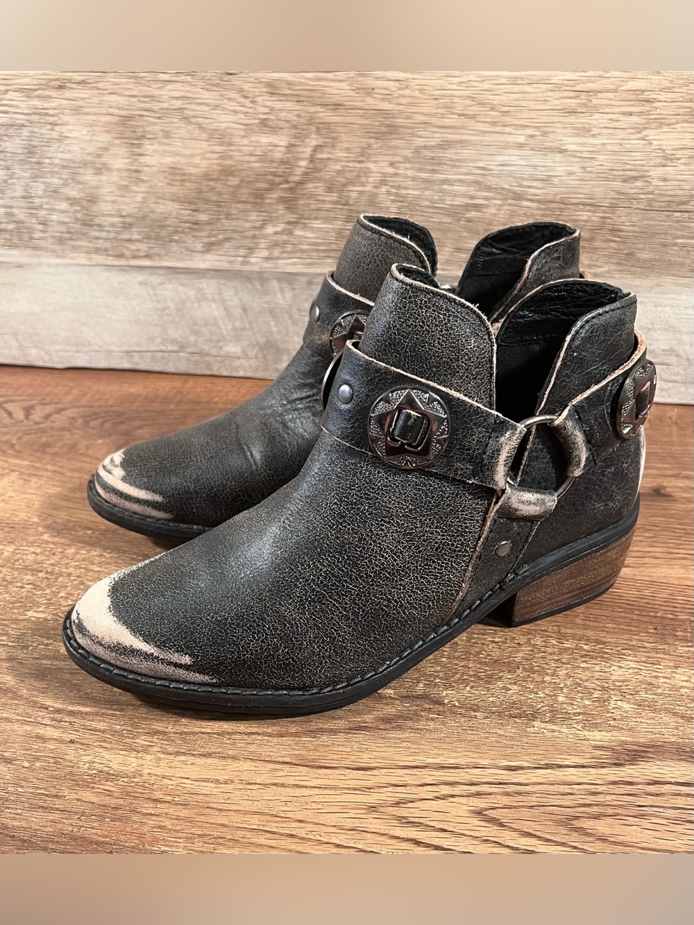 Women's Distressed Black Ankle Booties with Western Buckle Accent